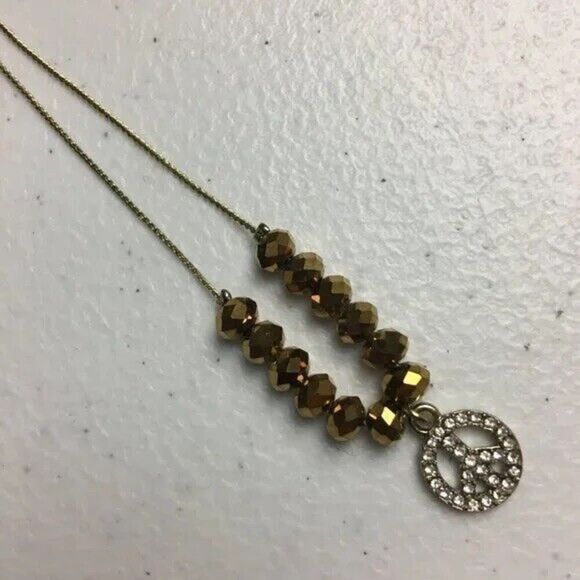 Peace Sign Necklace Dainty Gold Tone Chain Faceted Metallic Glass Beads - Picture 2 of 6